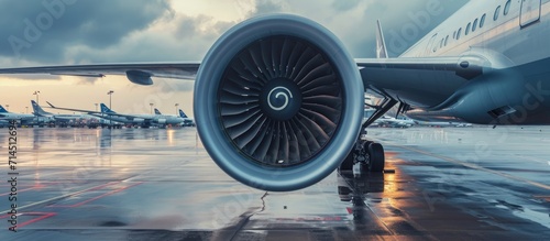 Passenger aircraft engine at airport.