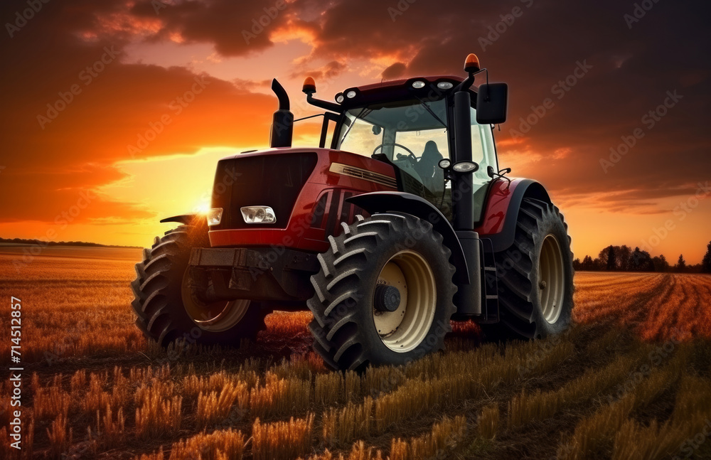 Obraz premium tractor in a field at sunset