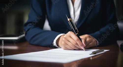 young professional woman signing document at table