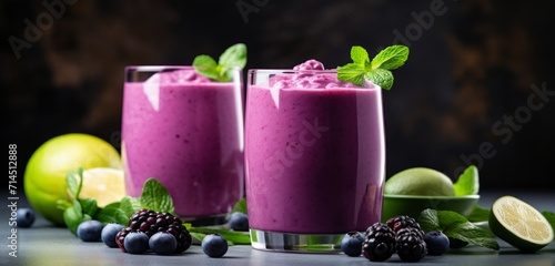two glasses with blueberry smoothies on the table