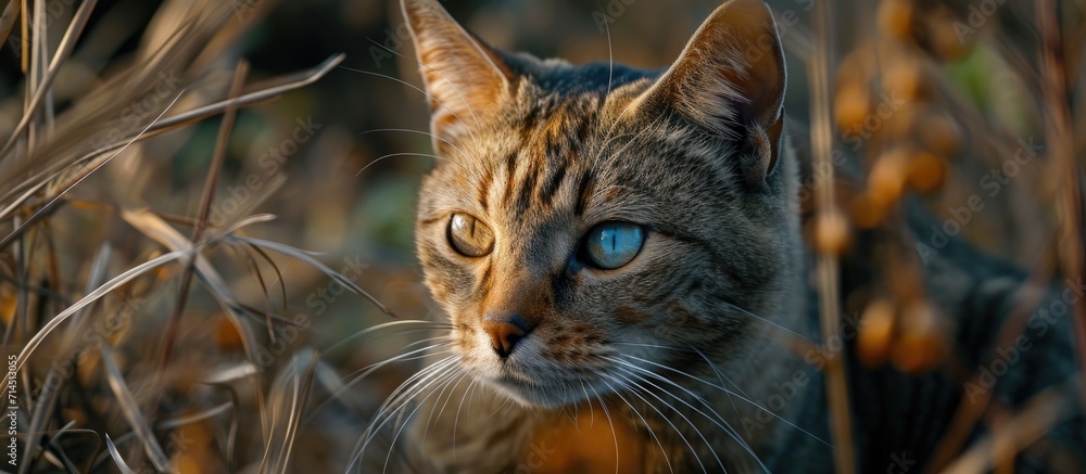 Outdoor feline with eye focus and GPS tracker. Outdoor feline with eye focus and GPS tracker.