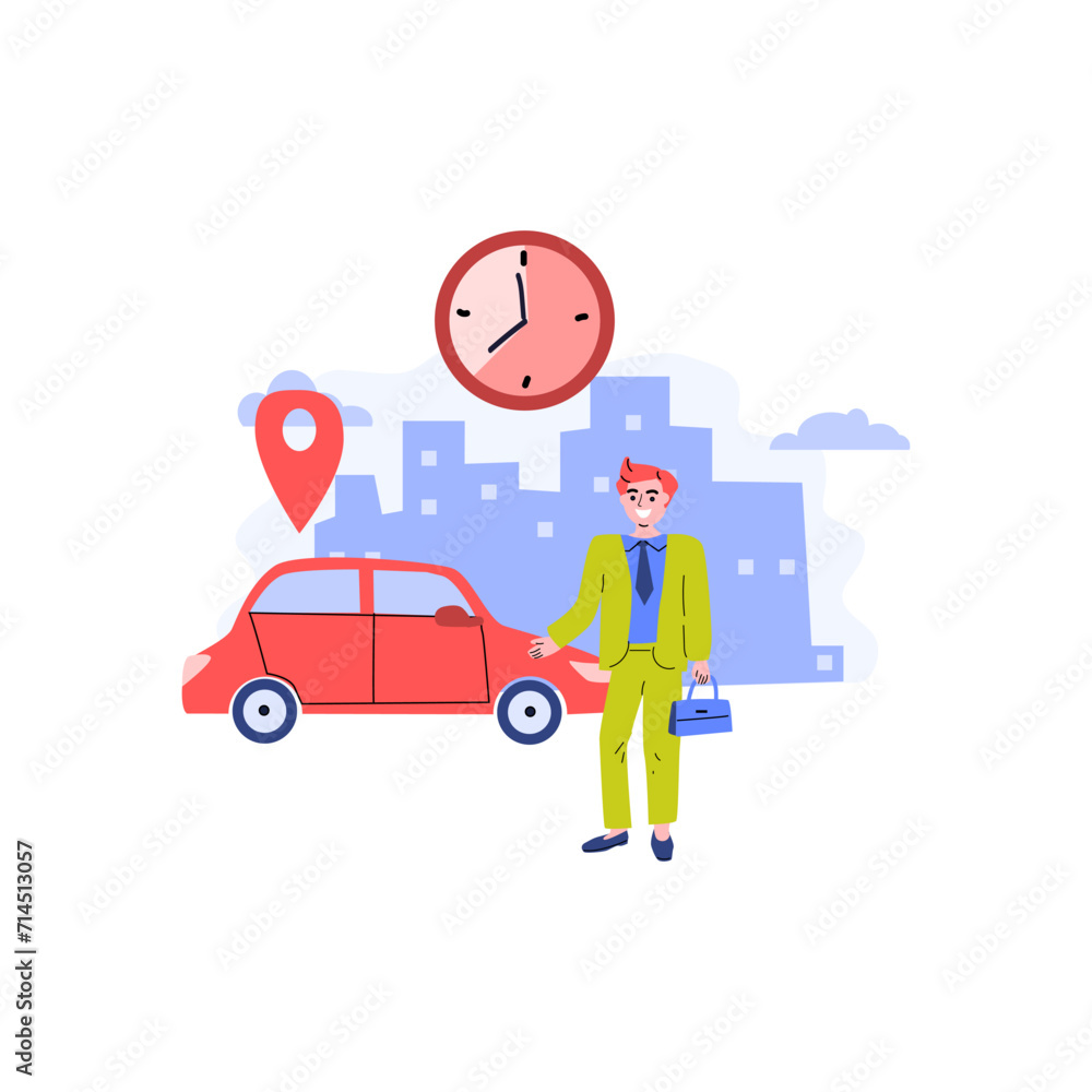 vector illustration with car sharing service with cityscape background. Vector illustration man using carsharing service. automobile vehicle with location mark. clock show using time. vector illustration with car sharing service with cityscape background. Vector illustration man using carsharing service. automobile vehicle with location mark. clock show using time.