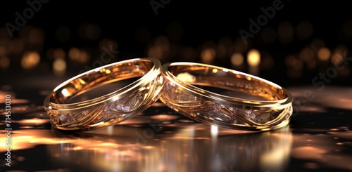 two golden wedding rings are placed together