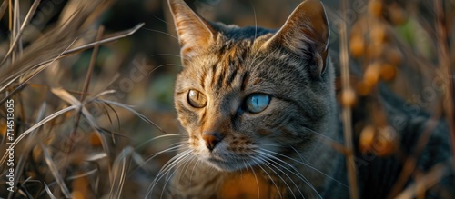 Outdoor feline with eye focus and GPS tracker.