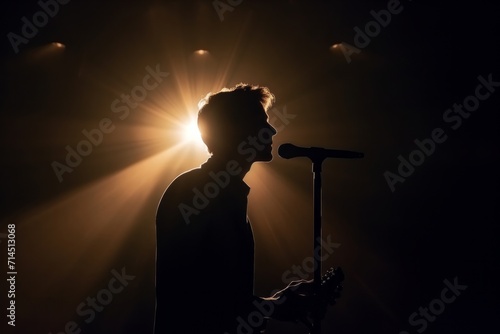 the singer sings while on stage with spotlights shining on him