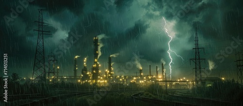 During a thunderstorm, lightning hits a big urban agricultural and oil processing enterprise near the railway at night. photo