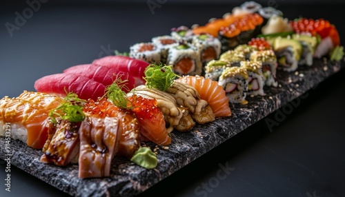 sushi spread on stone on black background