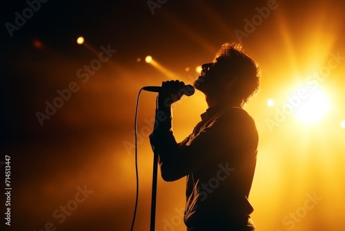 the singer sings while on stage with spotlights shining on him