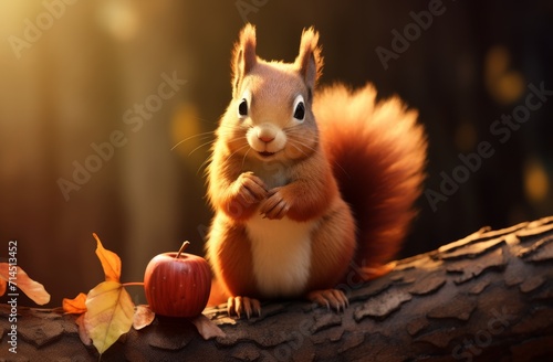 red squirrel holding an apple eating autumn leaves