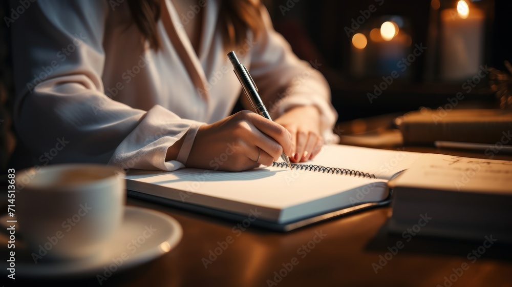 writing and notebook for working at night on creative ideas, strategy or schedule at a desk. Closeup of entrepreneur woman with pen and notes for planning, information or goals for a project - obrazy, fototapety, plakaty 