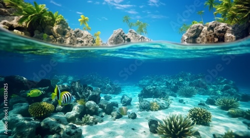 island scene underwater with tropical reef tropical underwater