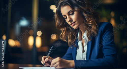 young professional woman signing document at table