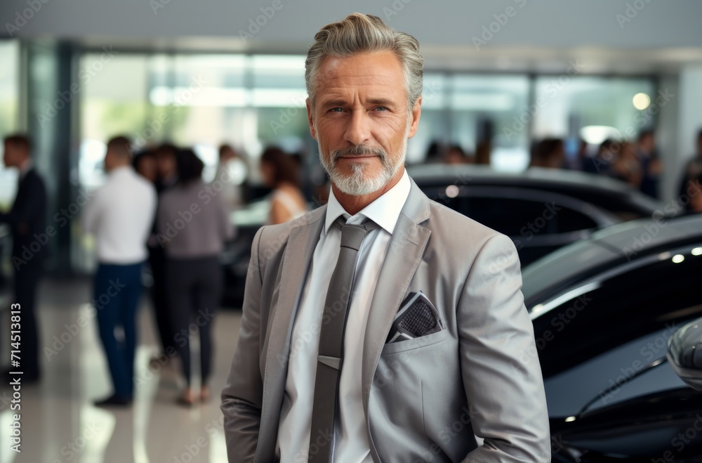senior agent in showroom waiting with customers in business suit senior agent in showroom waiting with customers in business suit