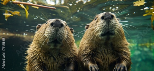 two beavers with one looking up underwater