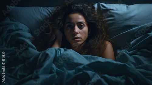 woman in bed late trying to sleep suffering insomnia, sleepless or scared in a nightmare, looking sad worried and stressed. Tired and headache or migraine waking up in the middle of the night.