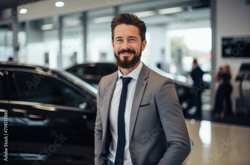happy car dealer standing in a showroom © olegganko