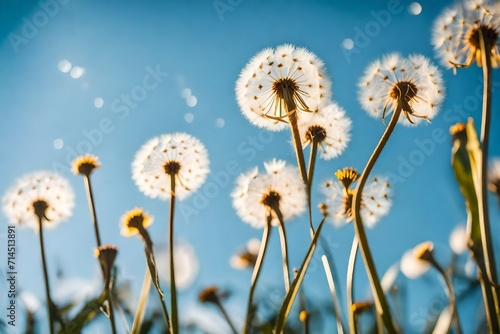 a dreamy and whimsical scene with a low-angle shot of dandelions in a field