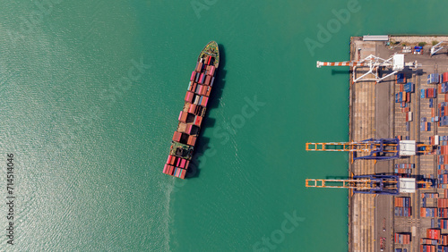 Industrial import-export port prepare to load containers. Aerial top view container ship in export and import global business and logistic. Global transportation and logistic business. © kanpisut