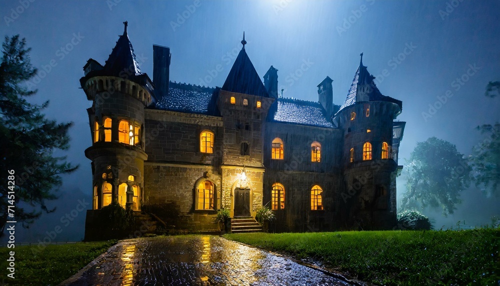 Dark Secrets Unveiled: Hyper-Detailed Colonial Castle in a Spine-Chilling Rain