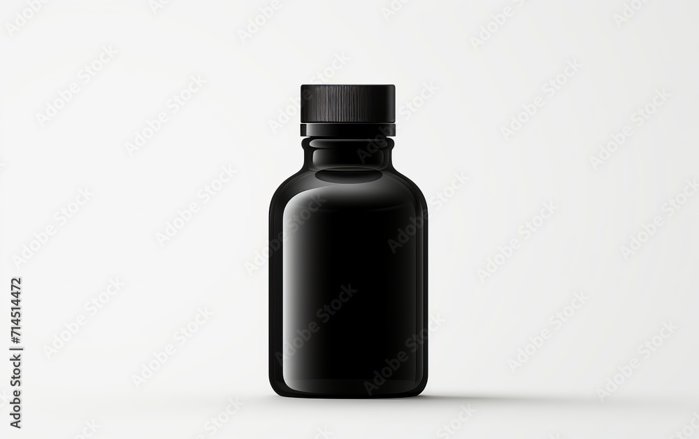 A pharmacy or cosmetics bottle designed for liquid medical products. It features a black glass cosmetic bottle mockup with an aluminum lid for supplements. The illustration is in vector format against A pharmacy or cosmetics bottle designed for liquid medical products. It features a black glass cosmetic bottle mockup with an aluminum lid for supplements. The illustration is in vector format against