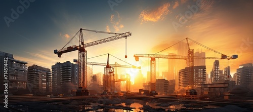A colored banner with silhouettes of construction sites and tower cranes against the background of the rising sun. The concept of new construction. photo