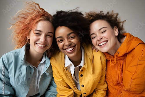 Three friends of different races are laughing merrily and looking at the camera. The concept of female friendship. photo