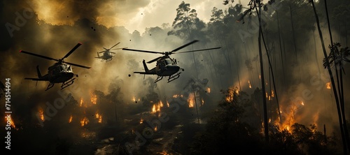 Helicopter gunships are flying in the burning jungle. The concept of the war.  photo