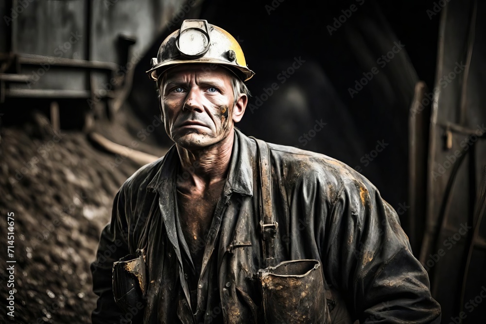 Coal Miner with Safety Helmet Illuminated by Headlamp in Dark Mine