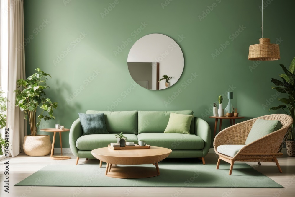 Scandinavian Interior home design of modern living room with green sofa chairs and round table with green wall near the window Scandinavian Interior home design of modern living room with green sofa chairs and round table with green wall near the window