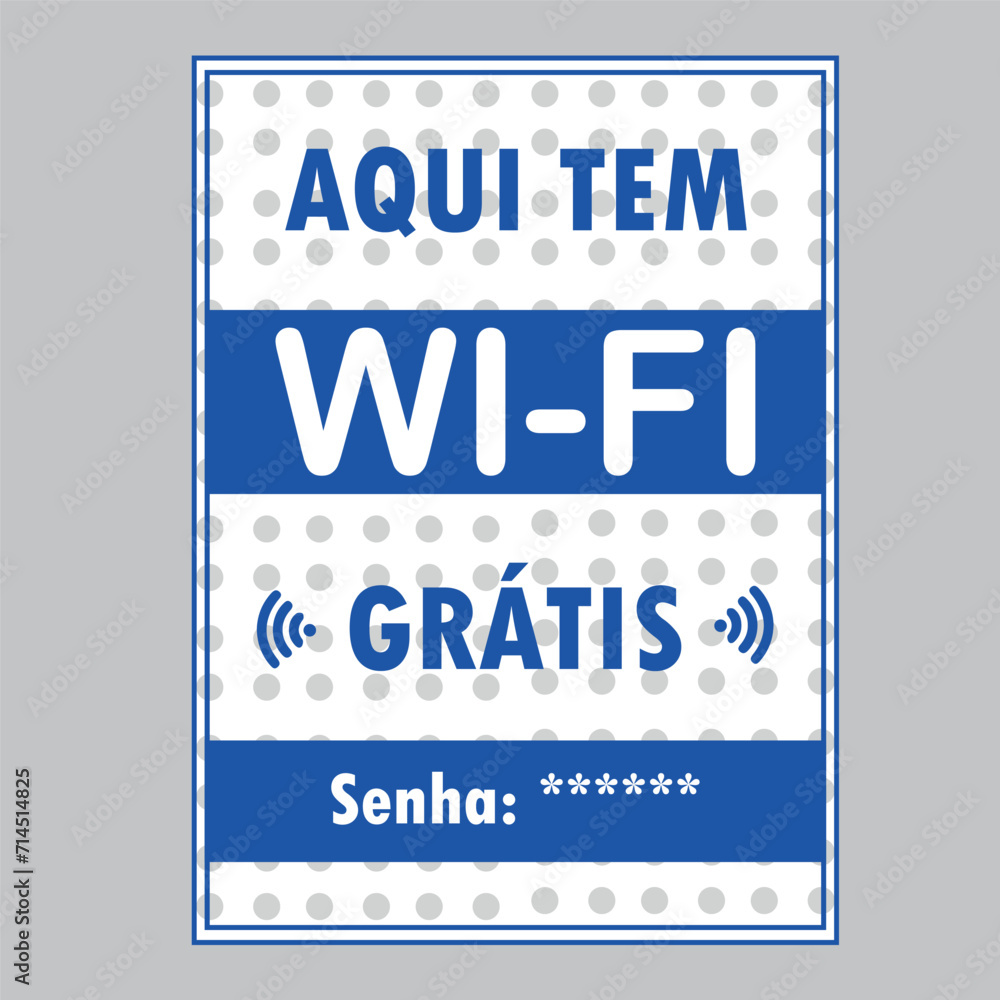 Fototapeta premium Aqui Tem Wi-Fi Grátis. Arte moderna de conexão à internet nos tons branco e azul com textura de bolinhas.