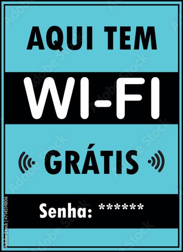 Aqui Tem Wi-Fi Grátis. Arte moderna de conexão à internet nos tons azul e preto com espaço para senha.