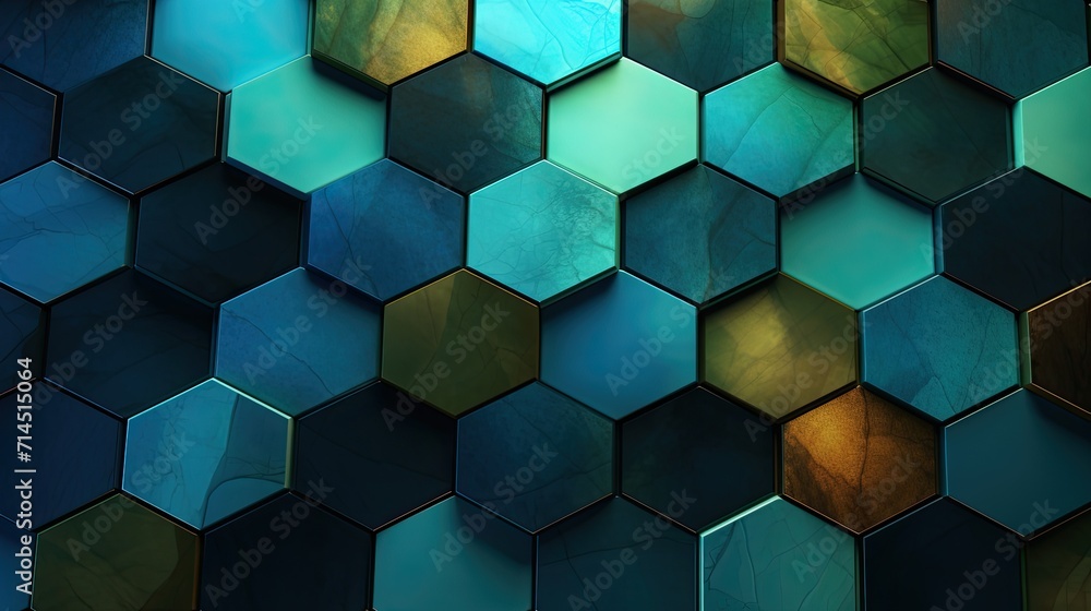 A grid of hexagons in shades of green and blue A grid of hexagons in shades of green and blue