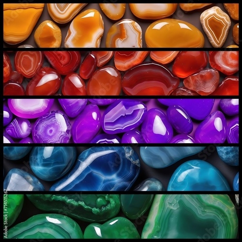 Set of five colored agate stones background danners, blu agate, green agate, red agate, purple agate and yellow agate