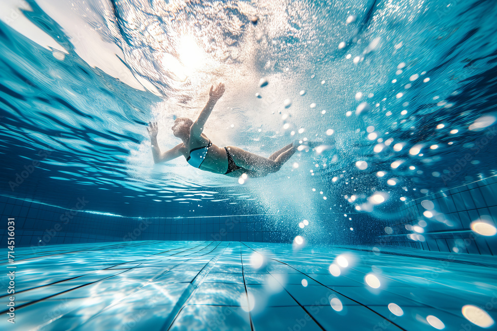 Underwater Elegance - Woman Swimming in a Sunlit Pool