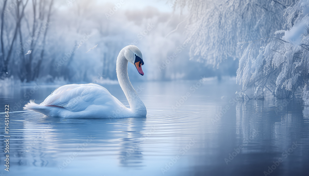 Lonely white swan in the lake in winter - obrazy, fototapety, plakaty 