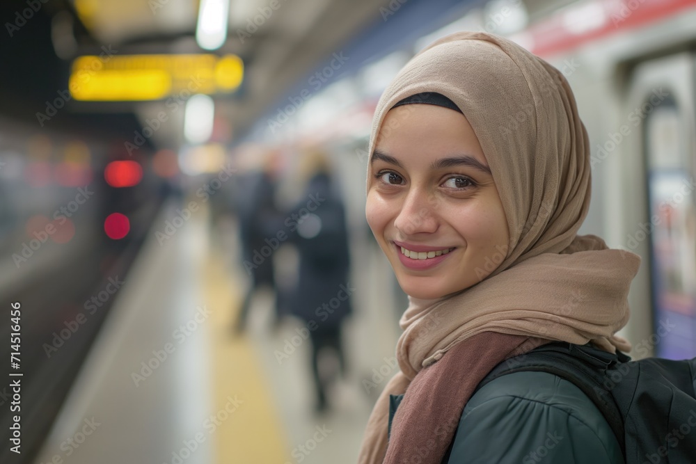 smiling college female student wearing a hijab looking at the camera. at a subway station.