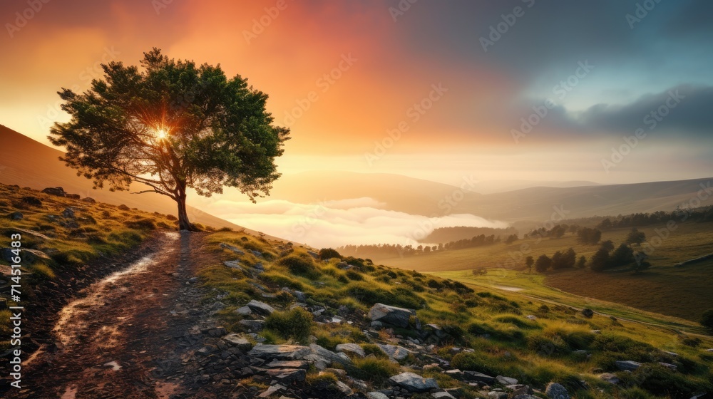 A misty morning landscape with a rainbow in the distance A misty morning landscape with a rainbow in the distance