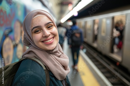 smiling college female student wearing a hijab looking at the camera. at a subway station. © Adriana