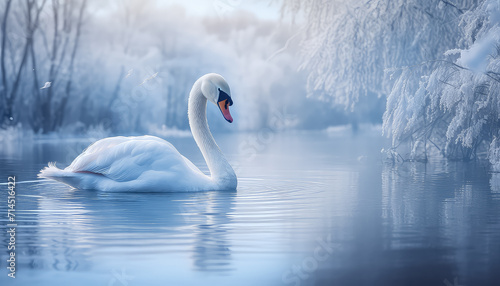 Lonely white swan in the lake in winter photo