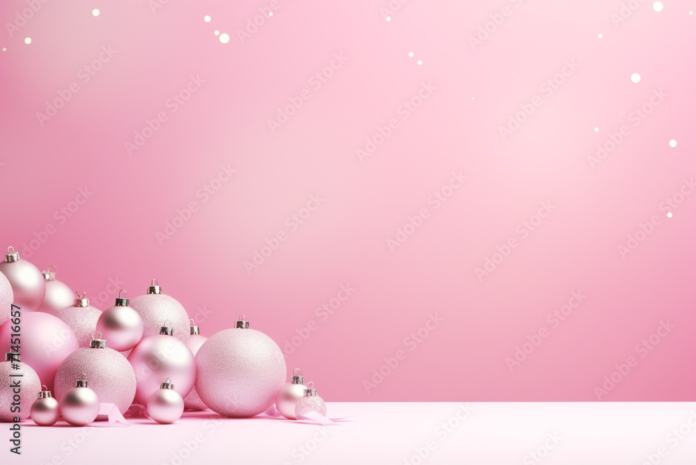 Pink Christmas background with balls and snowflakes empty template for your text Pink Christmas background with balls and snowflakes empty template for your text