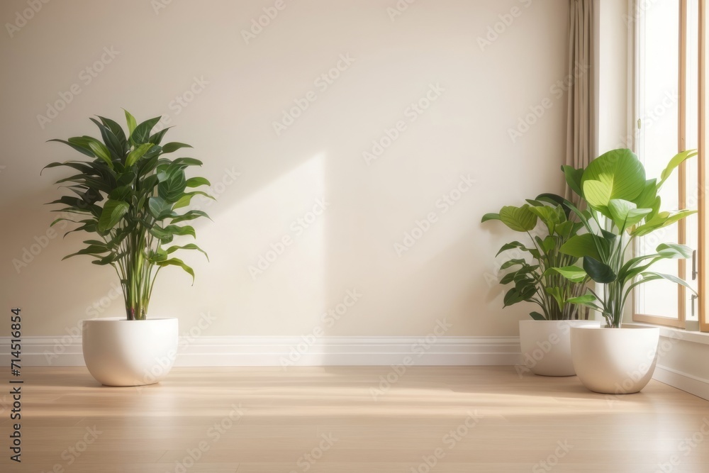 Interior home design of modern jar or vase and plants with empty room interior background