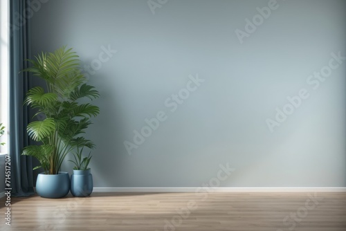 Interior home design of modern plants in jar or vase against the background of an empty room with blue wall and wooden floor