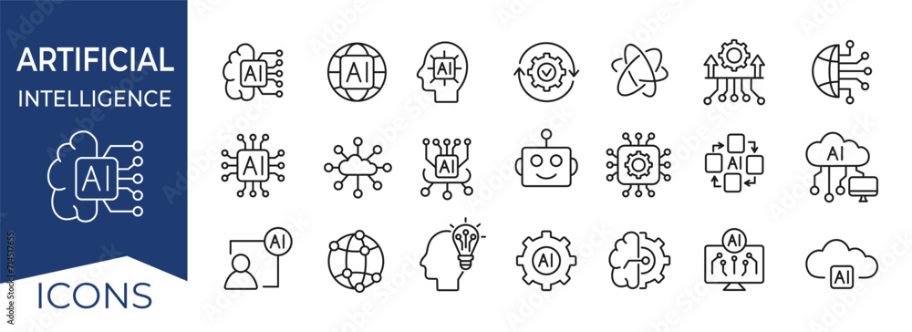 Artificial intelligence icon set. AI outline icons. Vector illustration. Artificial intelligence icon set. AI outline icons. Vector illustration.