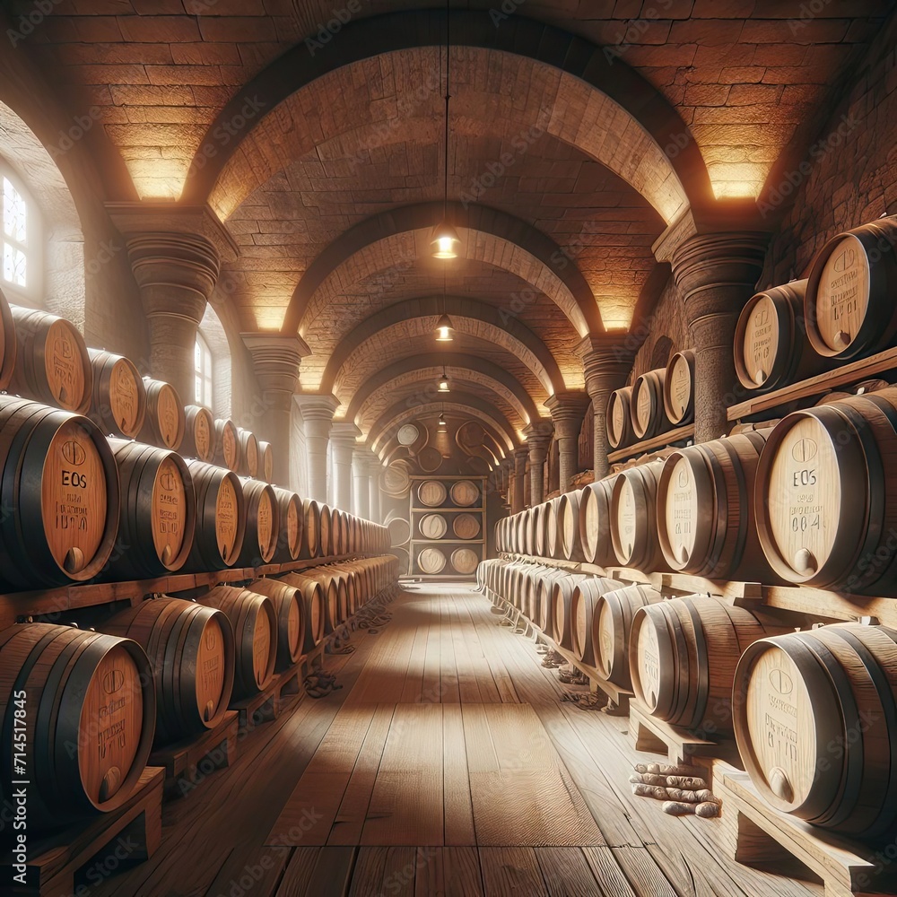 Winery, wine cellar with wooden wine barrels.-