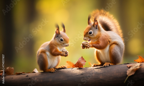 Mother feeding her little baby with copy space. Grey and red squirrels with nuts