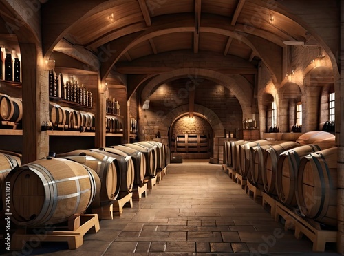 Winery, wine cellar with wooden wine barrels.-