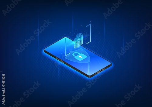 Cybersecurity technology Smartphones with screen security have a fingerprint scanning lock. Mobile phone that protects against theft and cyber theft, isometric illustration Vector illustration
