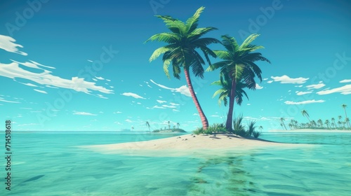 A deserted island with a lone palm tree swaying in the breeze