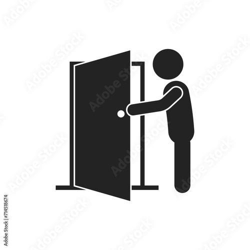 Isolated pictogram man open door with door handle, template design for safety do not enter, exit, way out, direction, indoor sign, open close door