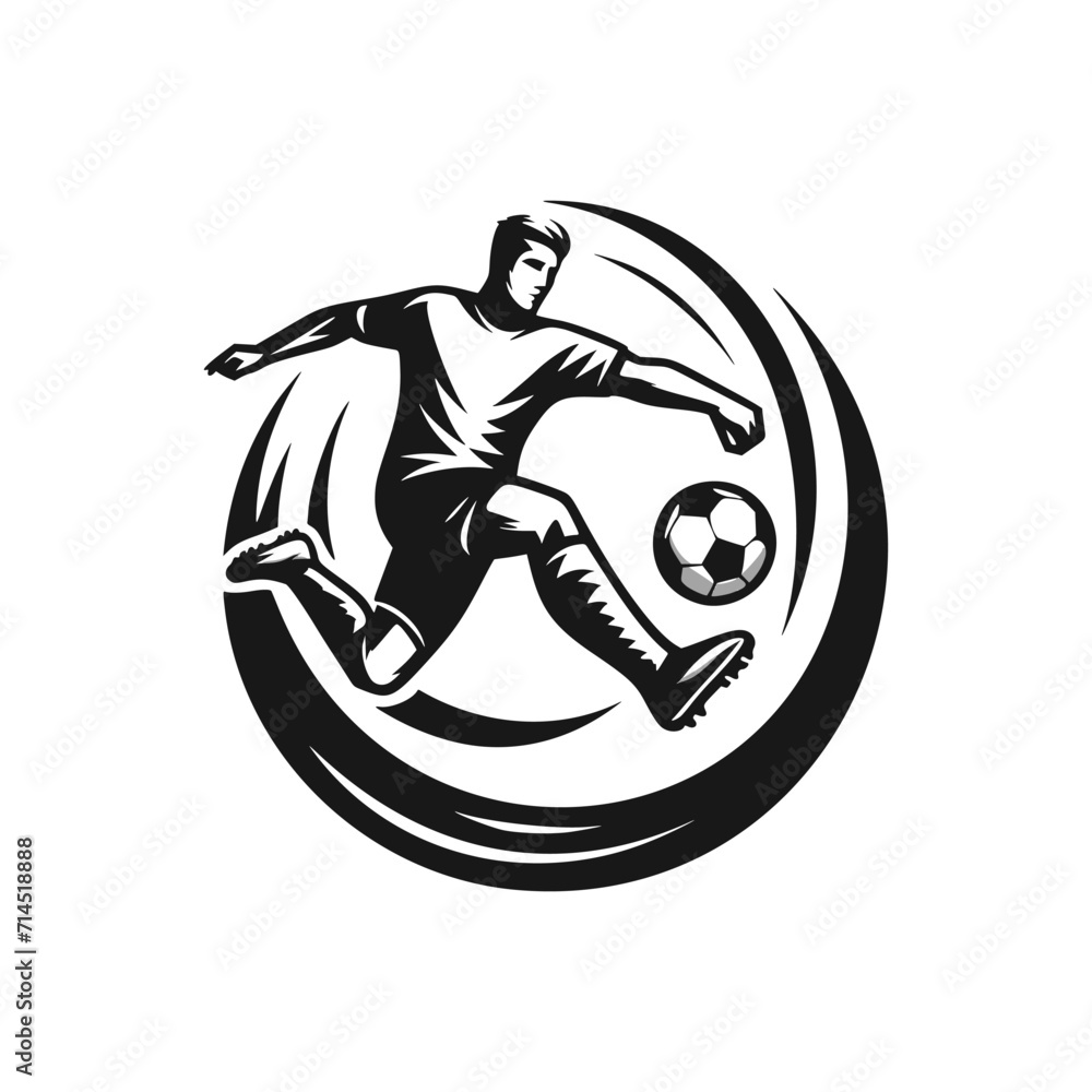 Vector Logo of a Skilled Player Kicking a Soccer Ball. Perfect for Sports Logos, Team Branding, and Fitness Initiatives. High Quality Illustration,  Ideal for Soccer Clubs, Athletic Brands.